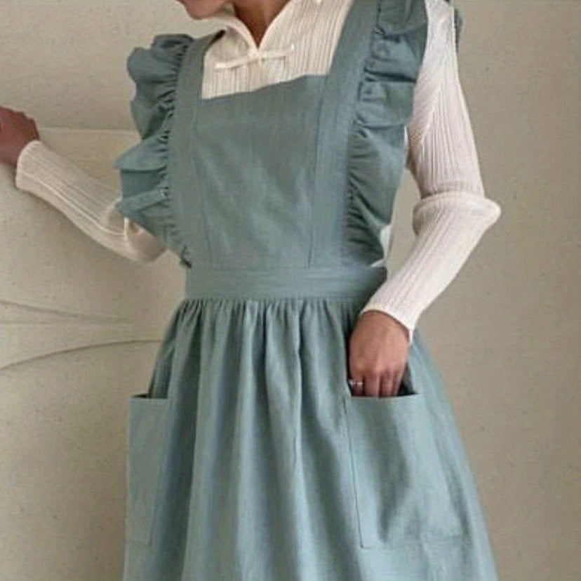 Women's Woven Fabric Apron with Pockets Solid Color 180gsm