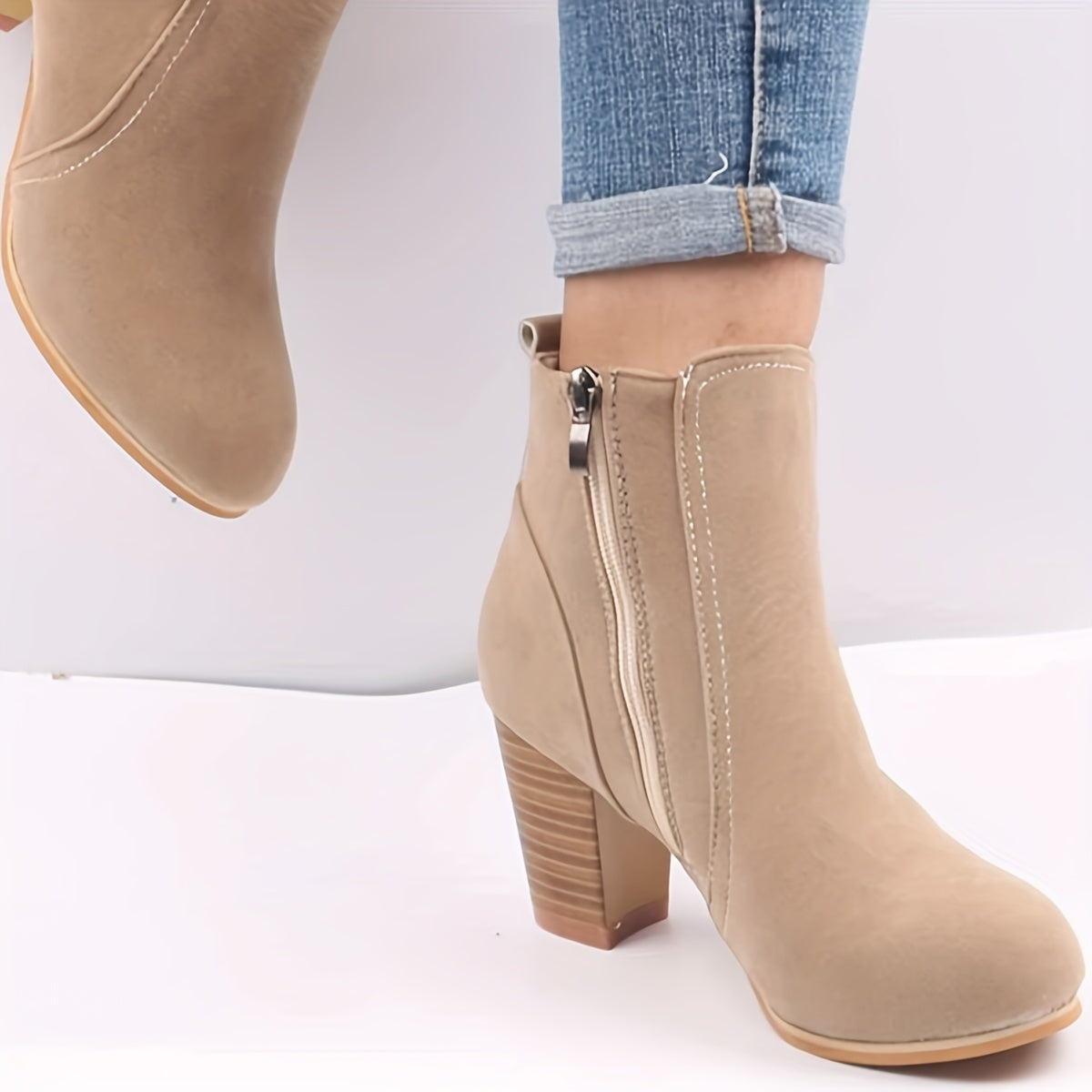 Women's Beige Fabric Ankle Boots with Chunky Heel and Zipper