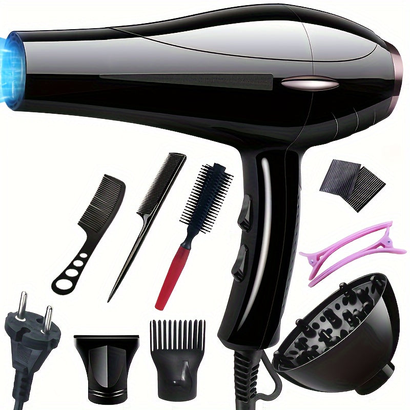 2100W Hair Dryer with Fixed Handle European Plug Includes Nozzle Diffuser and Comb Attachments