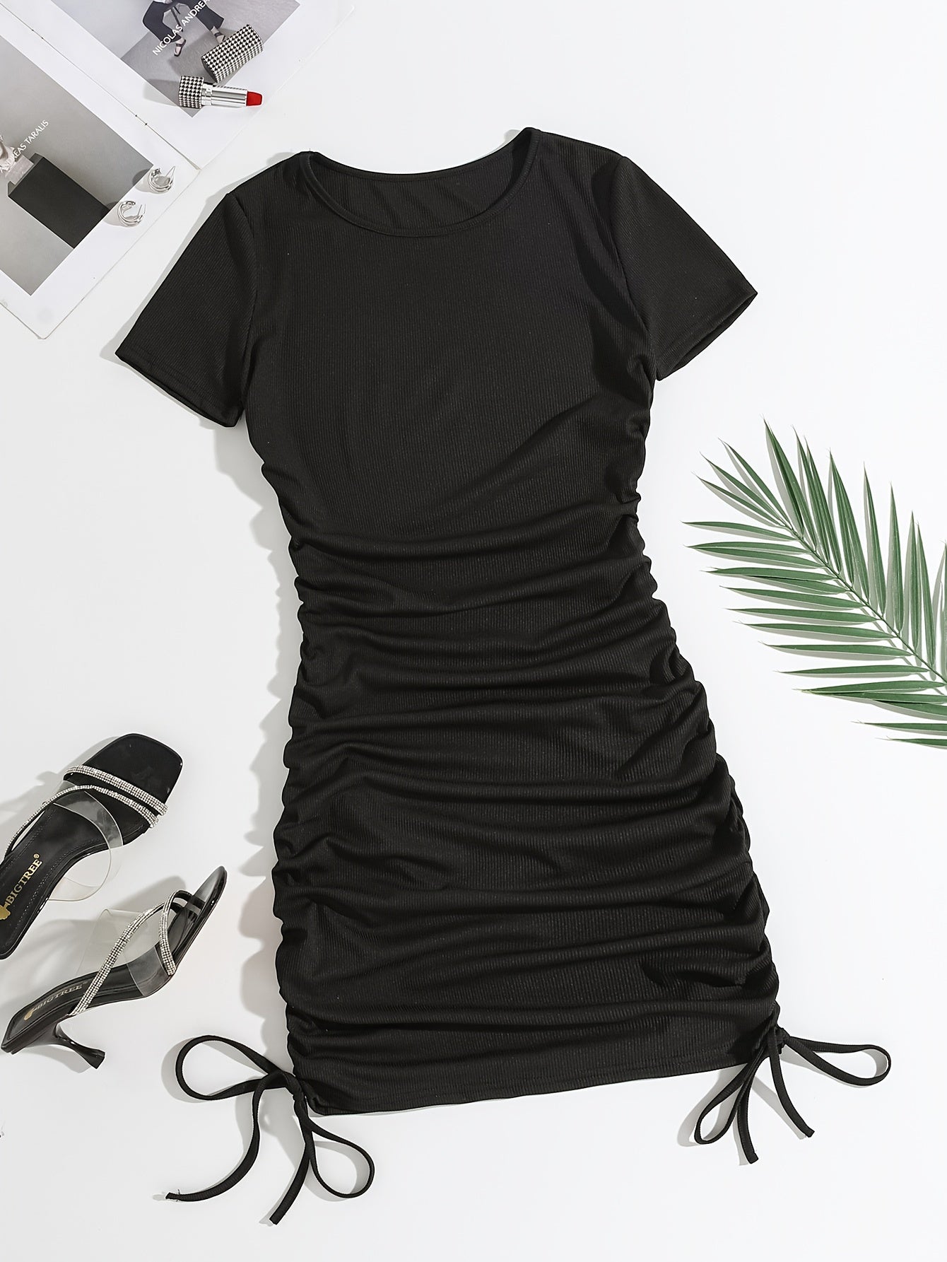 Women's Black Bodycon Dress with Ruching Short Sleeves and Flamingo Print