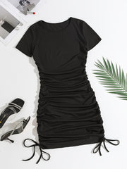 Women's Black Bodycon Dress with Ruching Short Sleeves and Flamingo Print