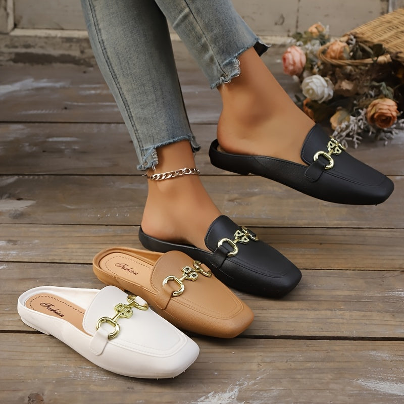 Women's Square Toe Slip-On Flats Breathable TPU Casual Shoes with Gold Chain