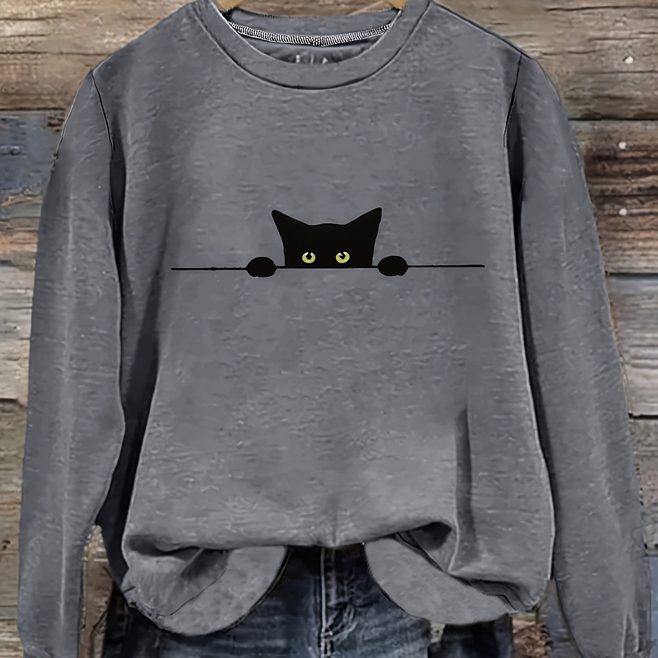 Plus Size Women's Cat Print Sweatshirt Long Sleeve Crew Neck Pullover