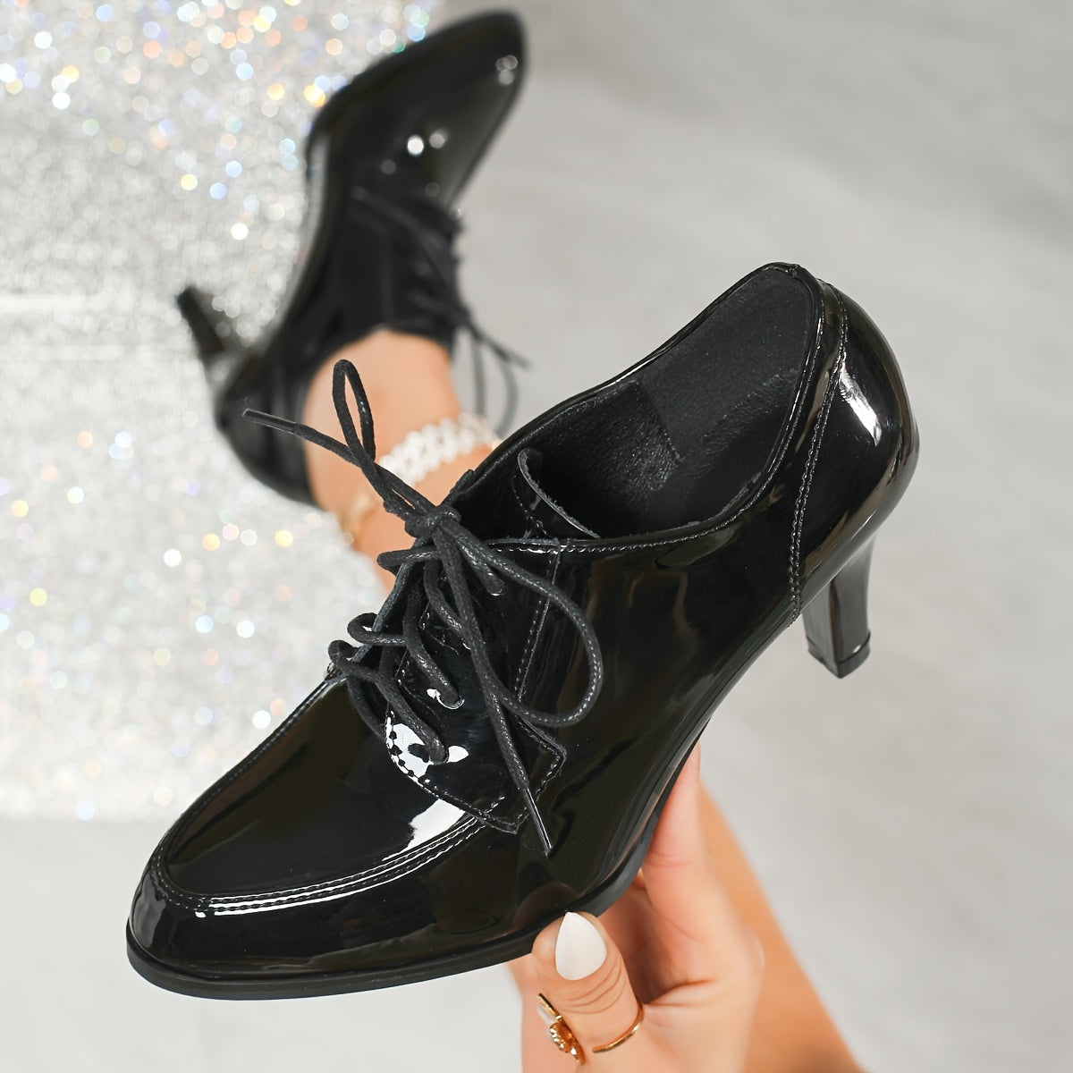 Women's Black Glossy Synthetic Pointed Toe High Block Heel Ankle Boots