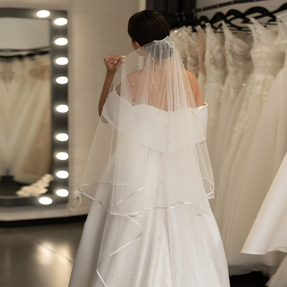 Double Pearl Veil for Brides with 2.5 Meters Length Church Ribbon Hem Hair Comb