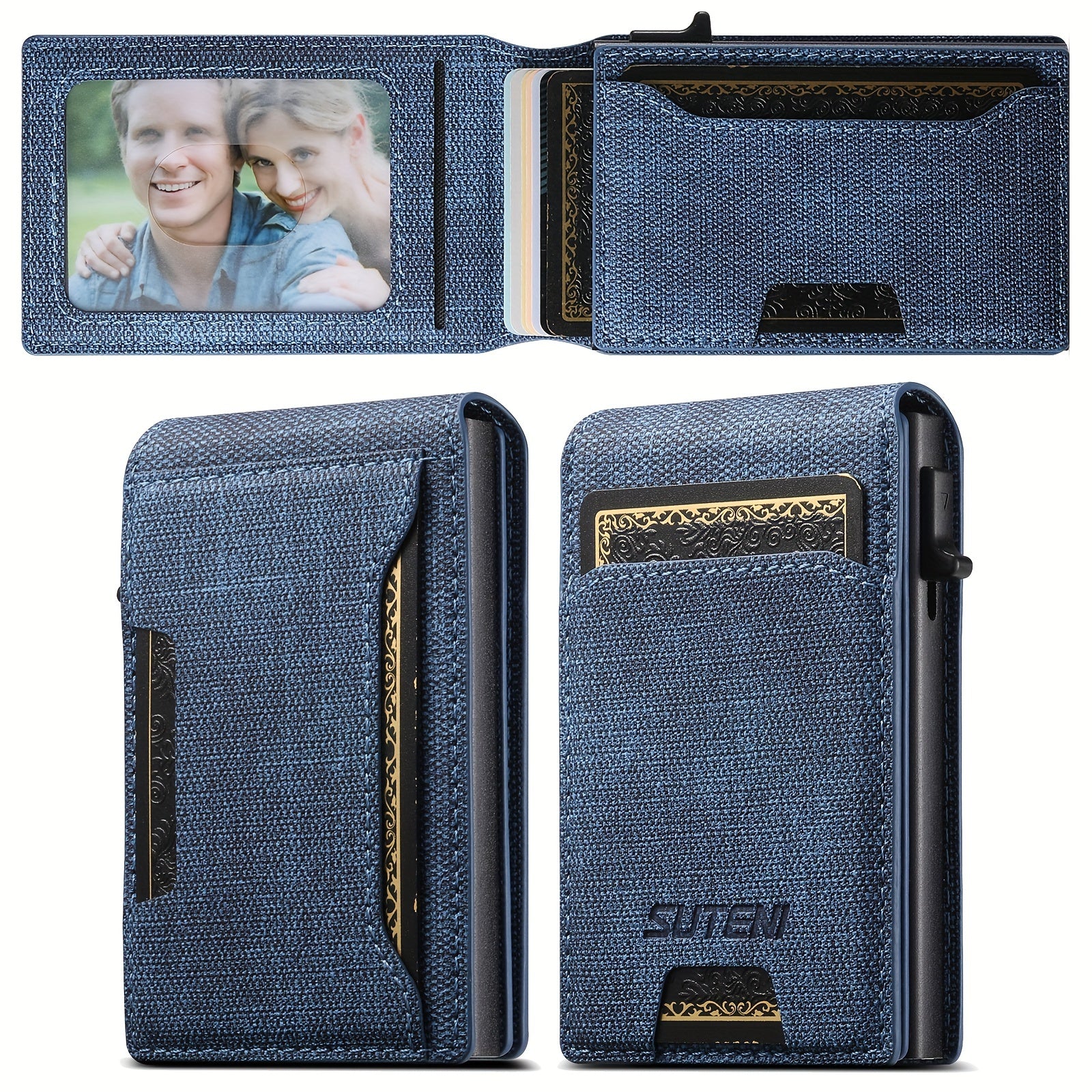 Men Women Bifold Wallet Leather Card Holder with Photo Slot in Black Brown Blue