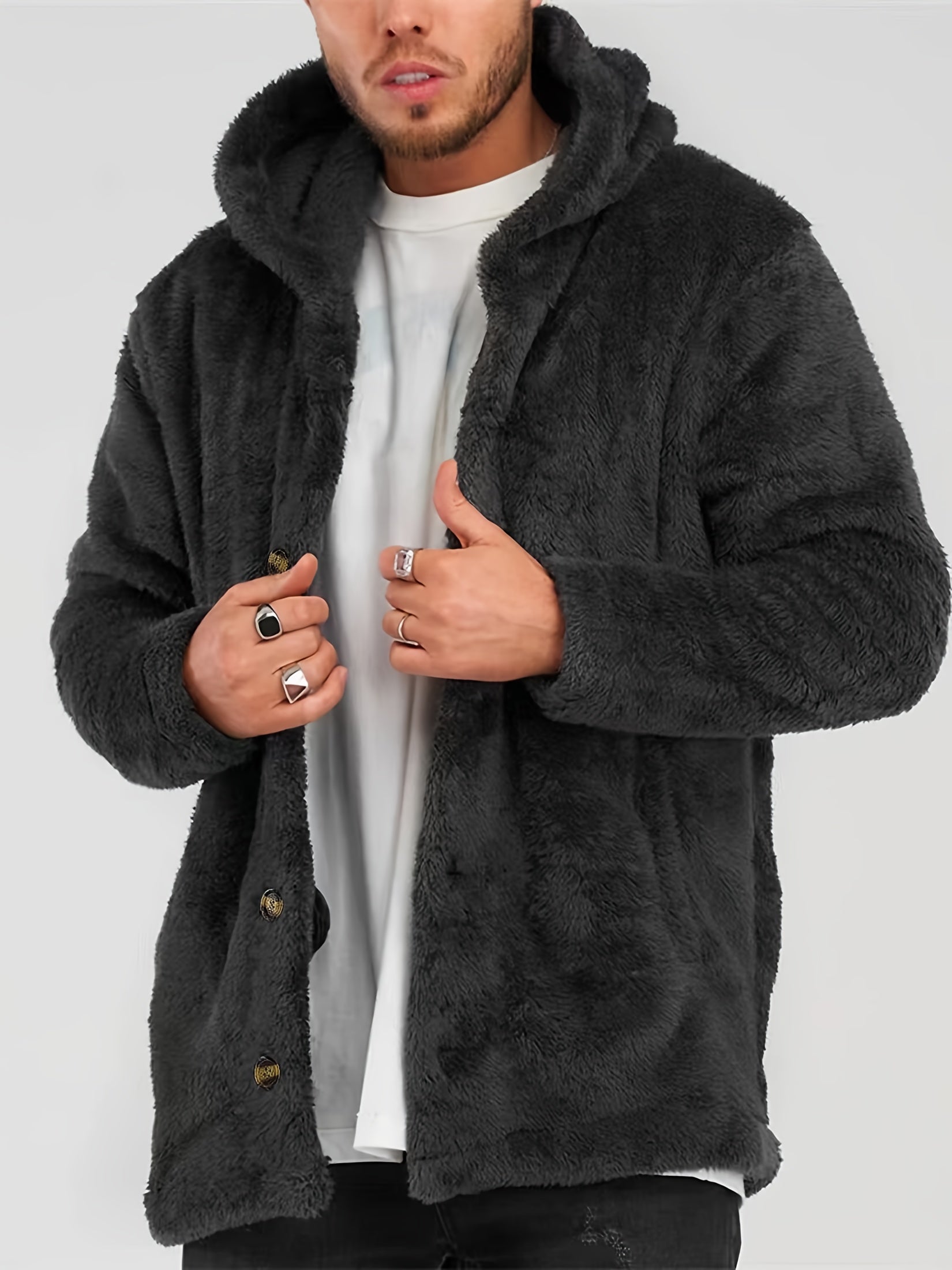 Men's Brown Faux Fur Hooded Cardigan with Button Pockets Plus Size Fall Winter Casual Outerwear