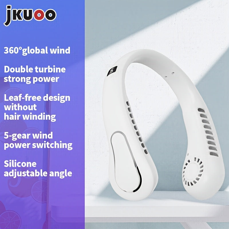 Portable Neck Fan with 5-Speed Strong Wind USB Rechargeable Lithium Battery Adjustable Silicone Strap Outdoor Travel Sports