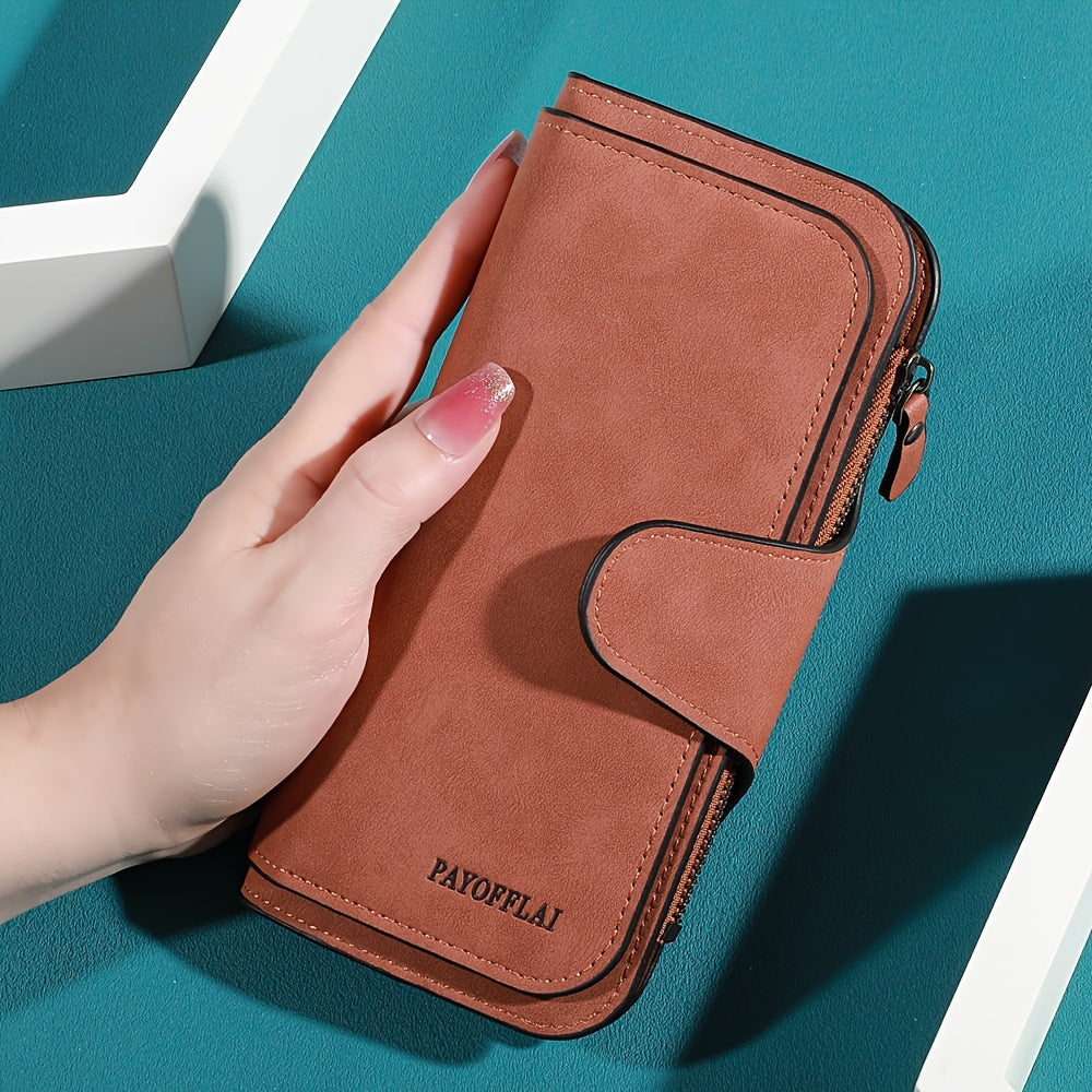 Yangi vintage uslubidagi ayollar uchun uzun hamyon, sun'iy charmdan tayyorlangan, tugmachali yopiq, zip cho'ntak, naylon astar, ko'p kartochka joylari va chet bo'yash tafsiloti bilan.