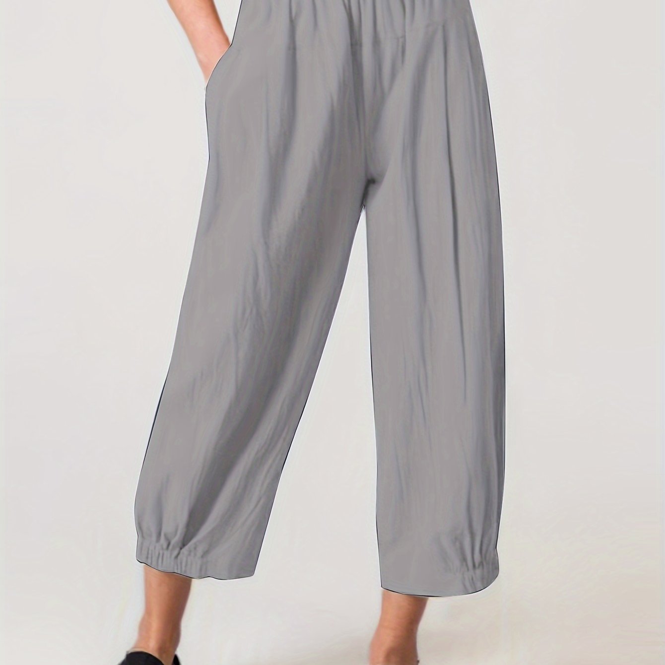 Women's Solid Color Straight-Leg Pants with Elastic Waist and Pockets