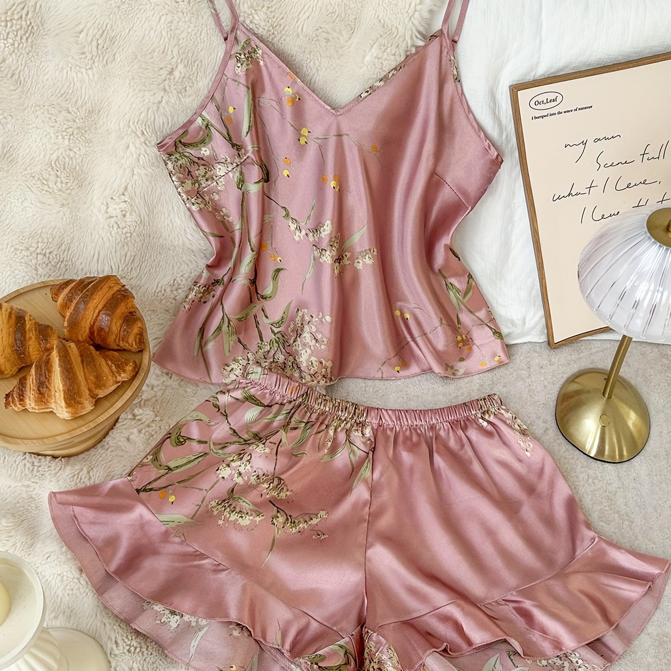 Women's Cherry Print Pajama Set with Ruffle Shorts 100% Polyester All-Season