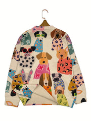 Women's Plus Size Dog Print Sweater Cozy Long Sleeve Crewneck Brown White