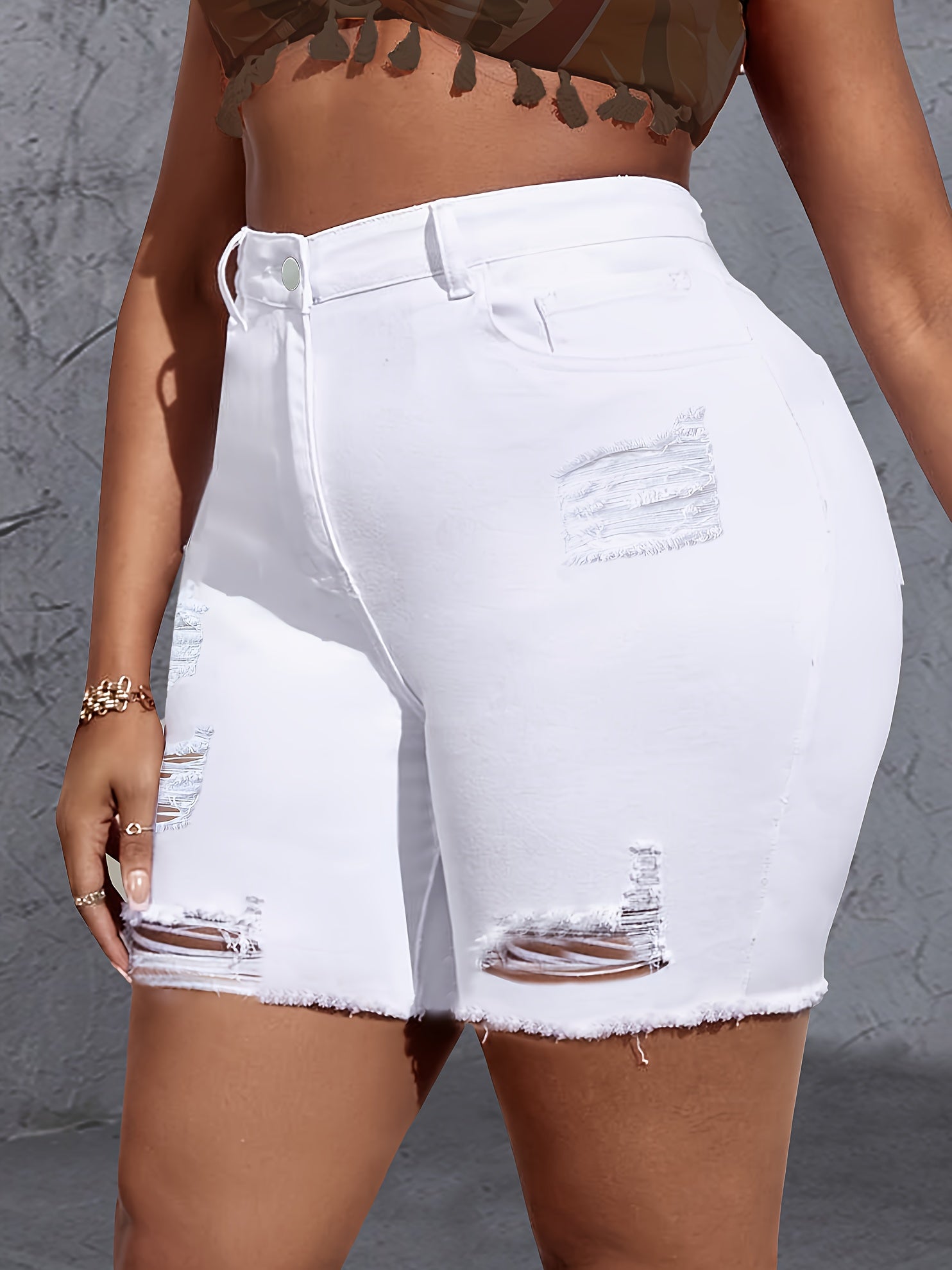 Plus Size White Ripped Denim Shorts for Women Stretchy Spring Summer