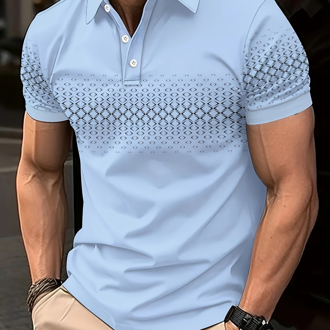 Erkaklar uchun plussiz casual golf koftasi, qisqa yengli, retro geometrik plitka printi, engil va qulay.