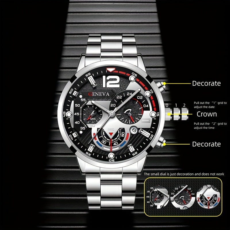 Men's Stainless Steel Quartz Watch with Calendar and Business Bracelet
