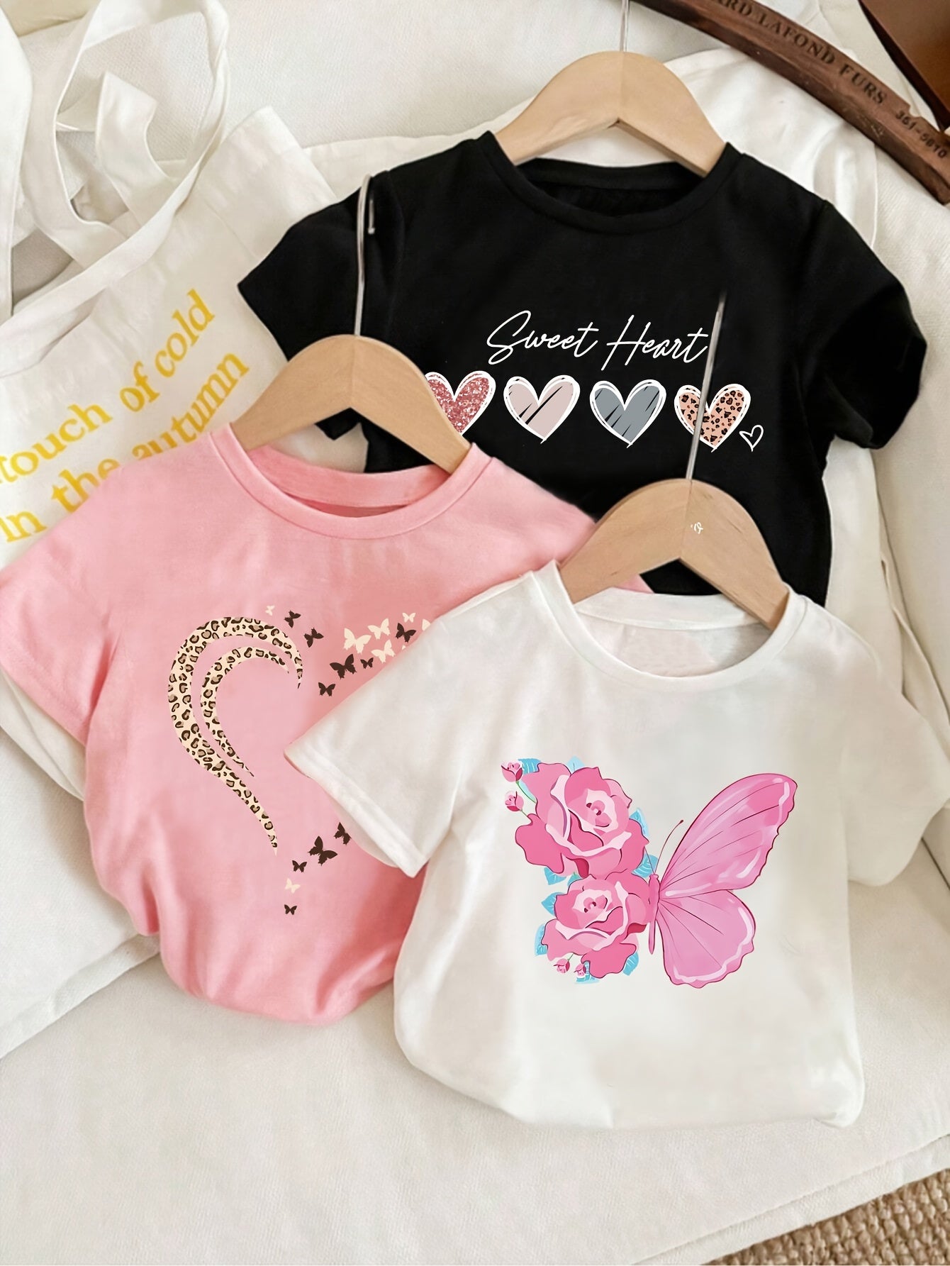 Girls' Casual T-Shirt Set 3pcs Summer Leopard Print Love Letter Butterfly Age 12 and Under