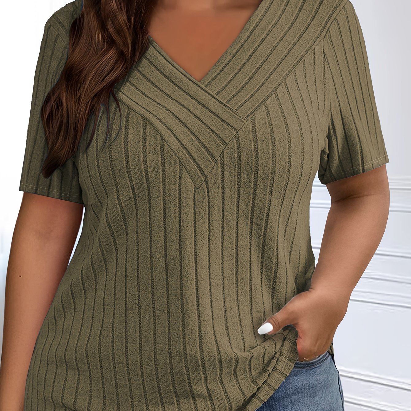 Plus-Size Women's V-Neck Cross Strap T-Shirt Ribbed Short Sleeve Casual Top