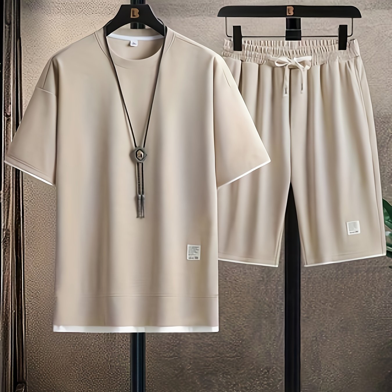 Men's Summer Casual Outfit T-Shirt and Shorts Set Crew Neck Patchwork Breathable Fabric