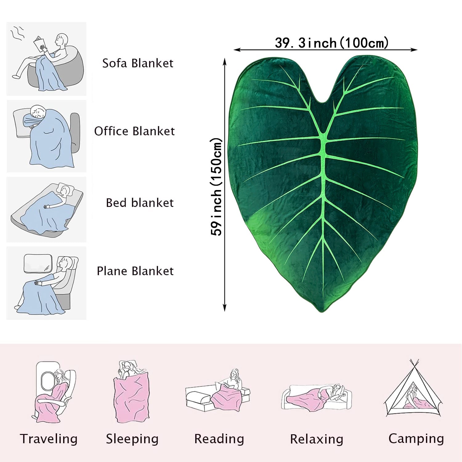Green Leaf-Shaped Blanket with Digital Printing Cozy Couch Bed Sofa Throw