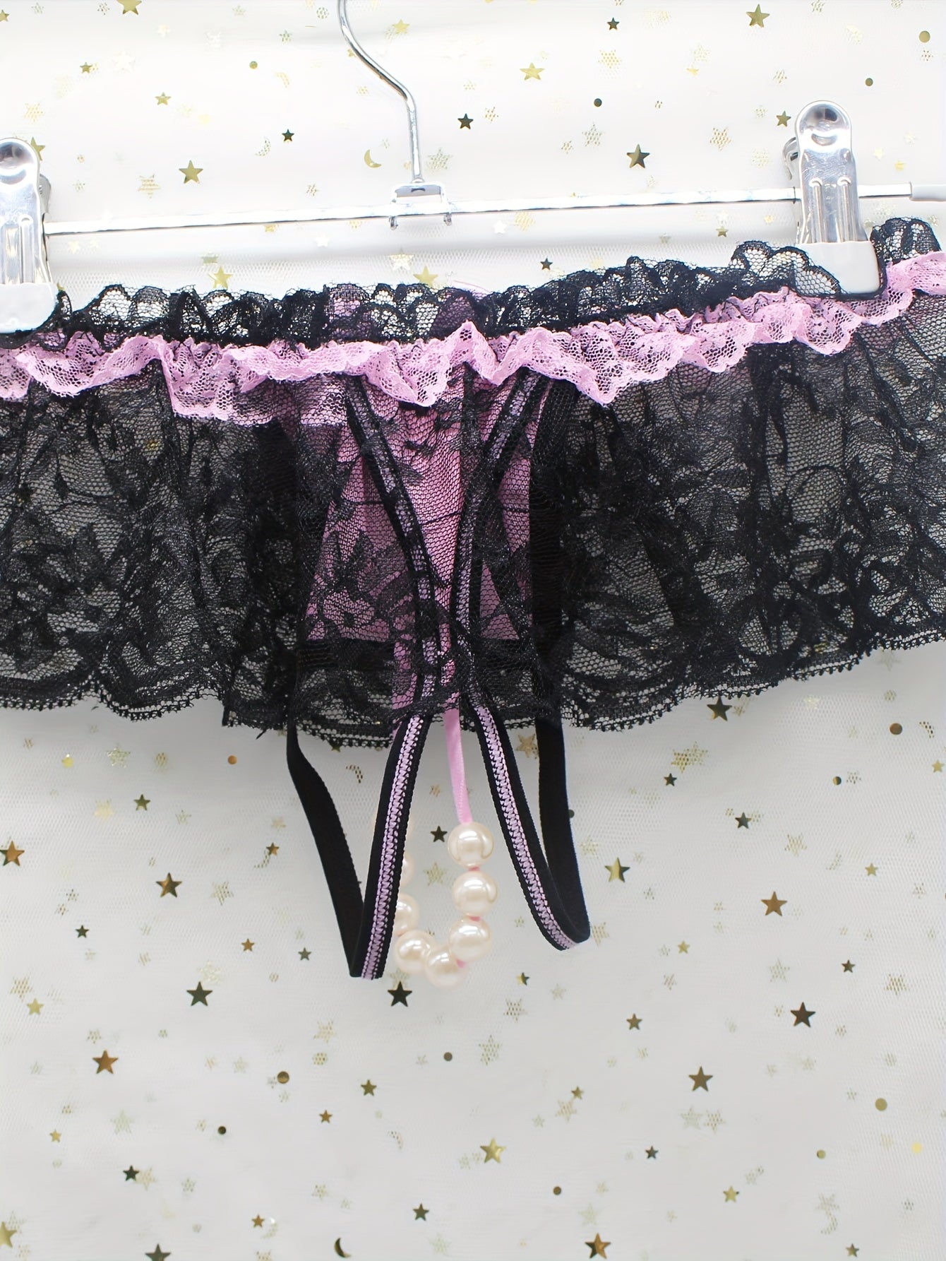 Women's Floral Lace Mesh Thongs and Open Crotch Faux Pearl Panties Lingerie