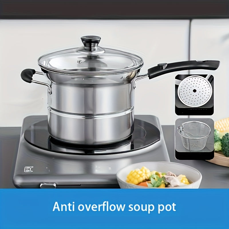 Прочный нержавеющий стальной суповой горшок с крышкой, дуршлагом и универсальными функциями для приготовления пищи в домашних условиях. Портативный дизайн, экономящий время — необходимая современная кухонная утварь.