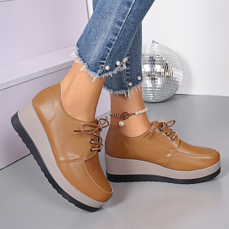 Women's Solid Color Lace-Up Loafers Flat Shoes with Thick Sole