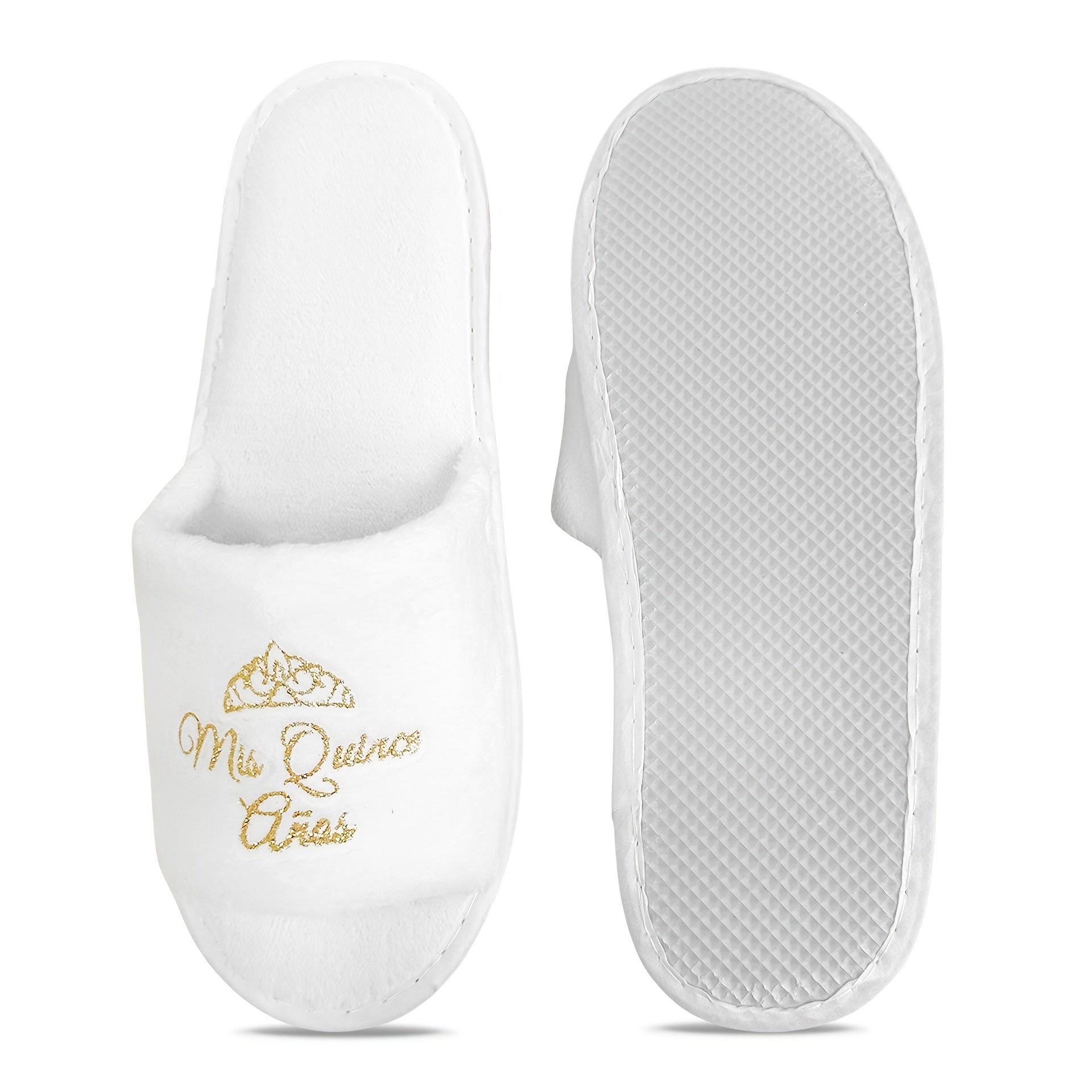 Girls 15th Birthday Glitter Gold Crown Script Slippers Soft EVA Flats