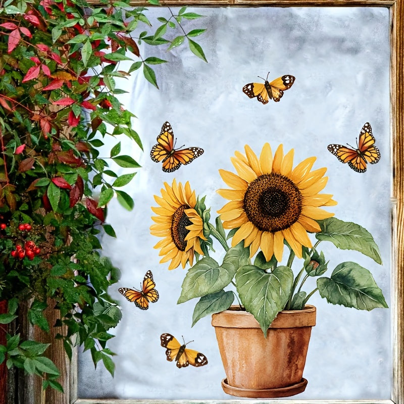 Vibrant Sunflower Butterfly Window Decal Floral Glass Sticker for Home Decor
