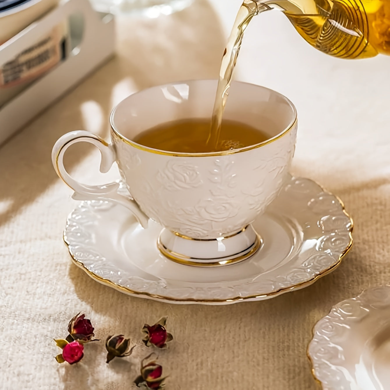 European Style Gilded Ceramic Coffee Cup and Saucer Set Embossed Gold Edges for Tea Latte Breakfast