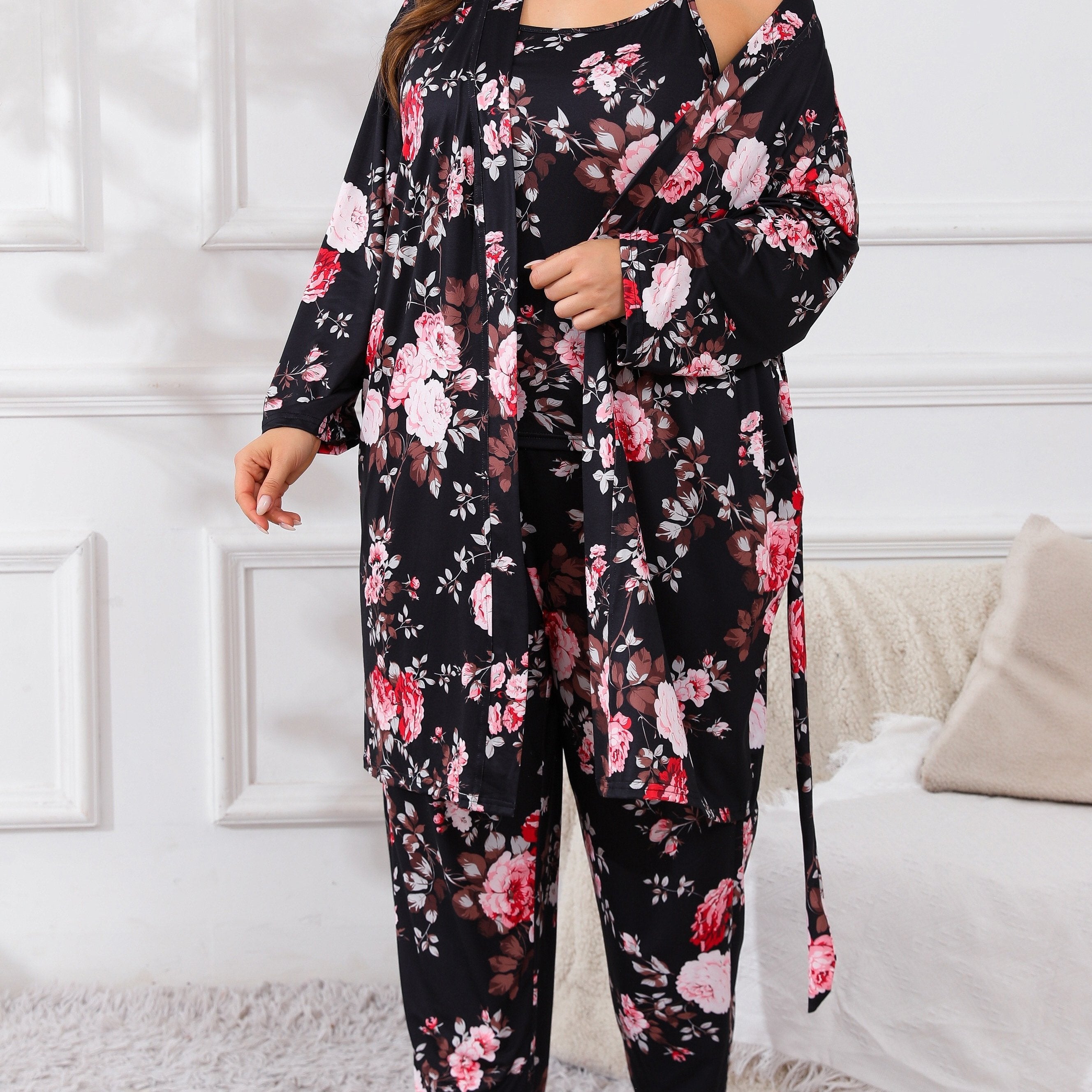 Plus Size Floral Print Pajama Set for Women Long Sleeve Lounge Robe Camisole and Pants Fall Winter Knit Polyester Blend