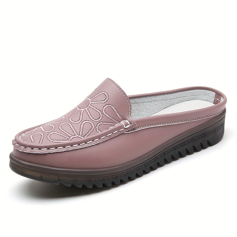 Women Solid Color Embroidered Mules Flat Shoes Non-Slip Comfortable