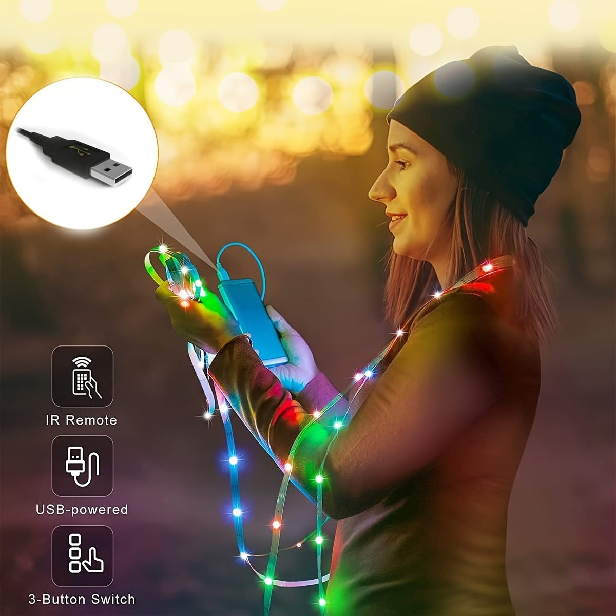 Tira de luces LED RGB alimentada por USB con control remoto de 15 colores para dormitorio, fiesta y decoración de cocina