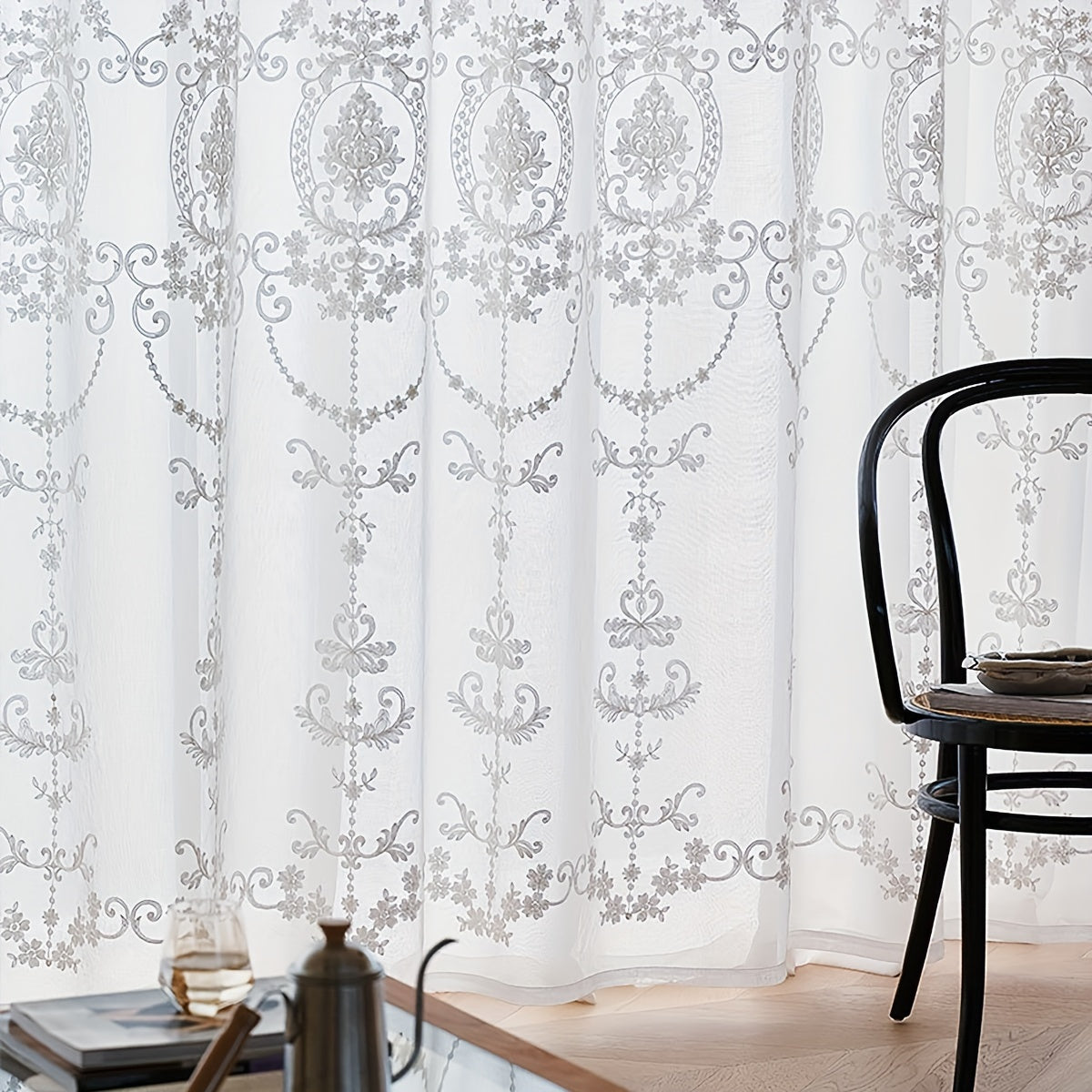 White Sheer Curtain with Geometric Flower Embroidery, Rod Pocket for Living Room Bedroom