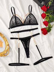 Sheer Plaid Lingerie Set with Gold Chain Detailing Includes Bra Garter Belt Thong