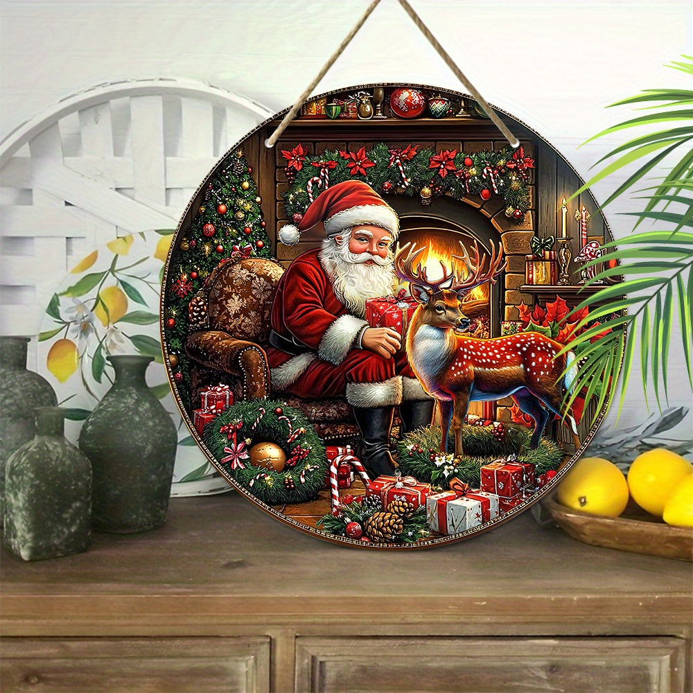 Cartel de decoración navideña de madera con Santa Claus y renos para decoración navideña en interior y exterior