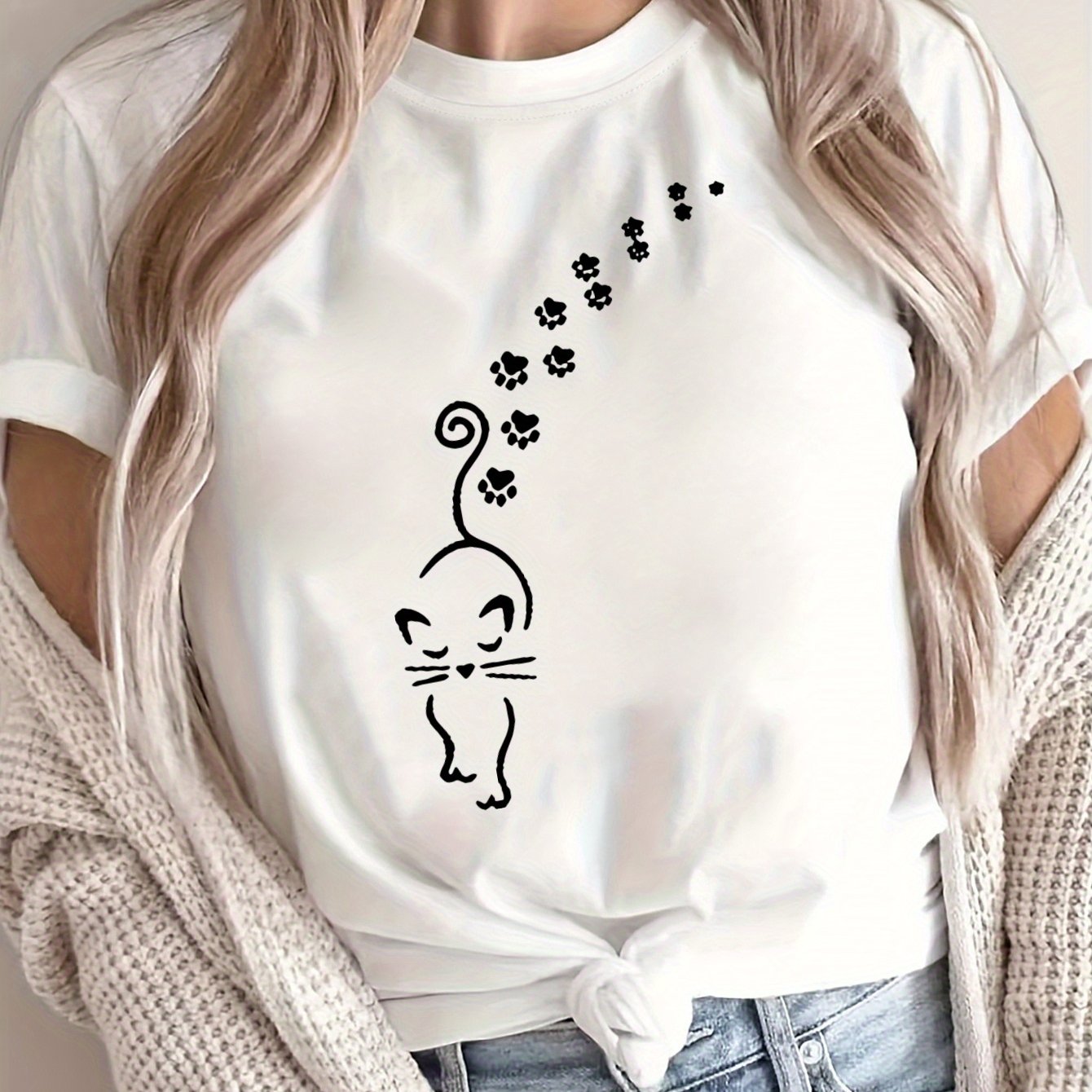 Women's Plus Size Loose Fit Cat Print T-Shirt Breathable Polyester Casual Top