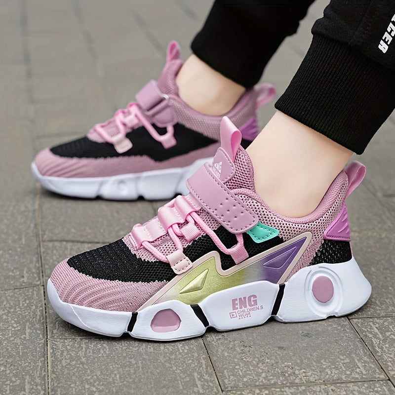 Girls' Pink and Black Striped Knit Sneakers Breathable Lightweight Casual Shoes