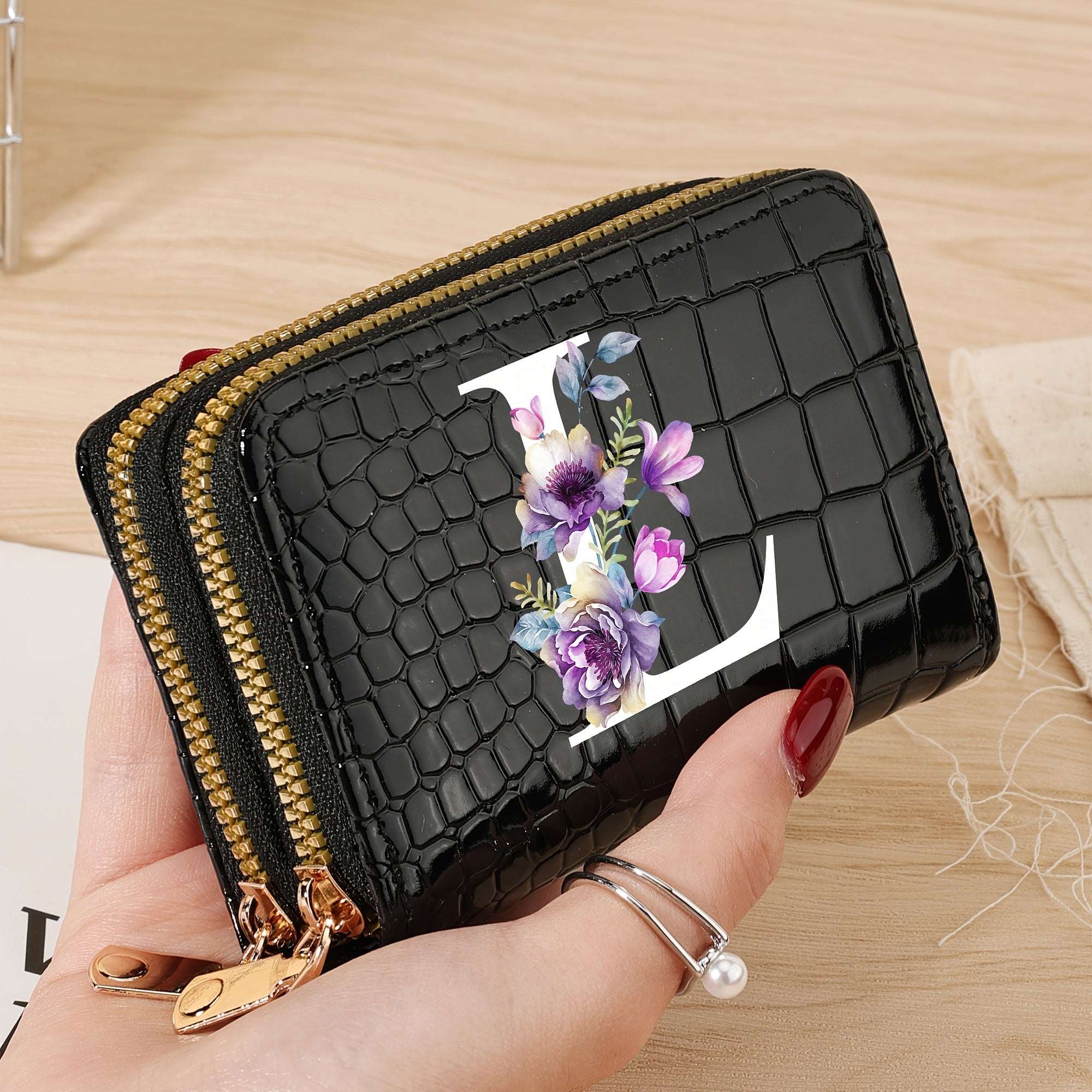 Minimalist Floral Credit Card Holder with Zipper Coin Purse for School and Back-to-School Supplies