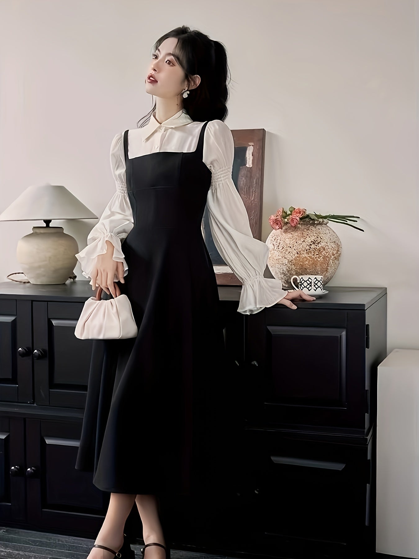 Women's Bubble Sleeve Dress Polyester Solid Color Elegant Flared Spring Summer Fall