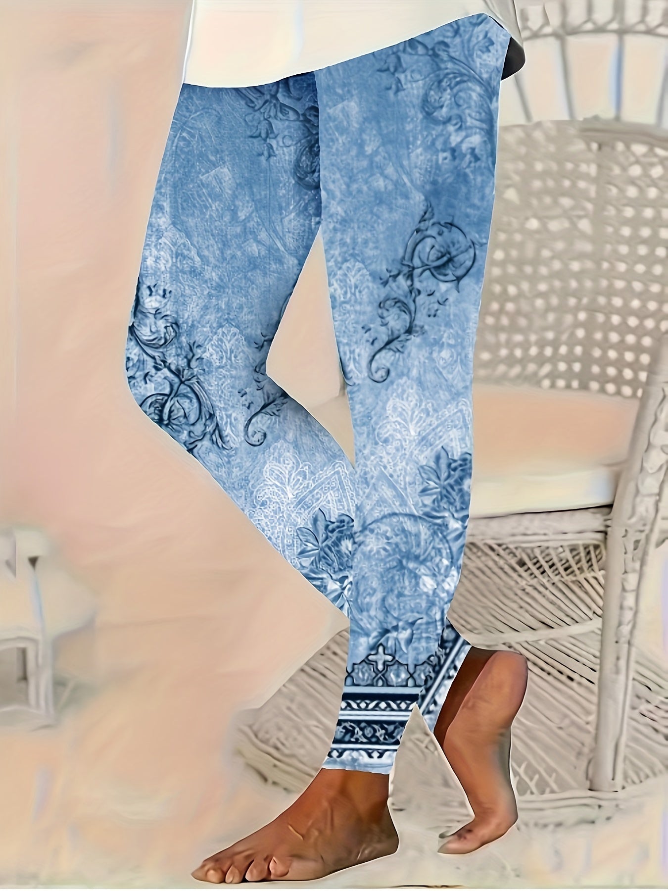 Women's Plus Size Floral Print Stretch Leggings Comfortable Polyester Blue Gray
