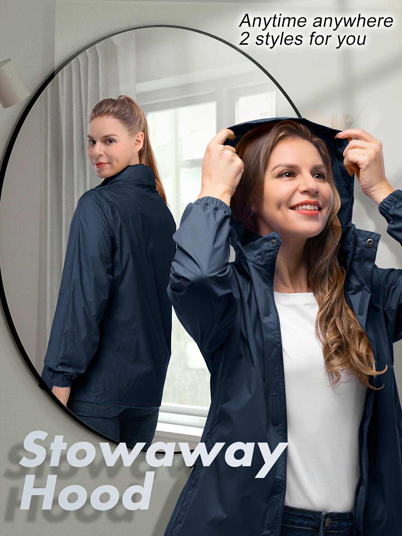 Women’s Lightweight Windbreaker Jacket with Hood, Zipper Pockets, Navy Blue, Plus Size