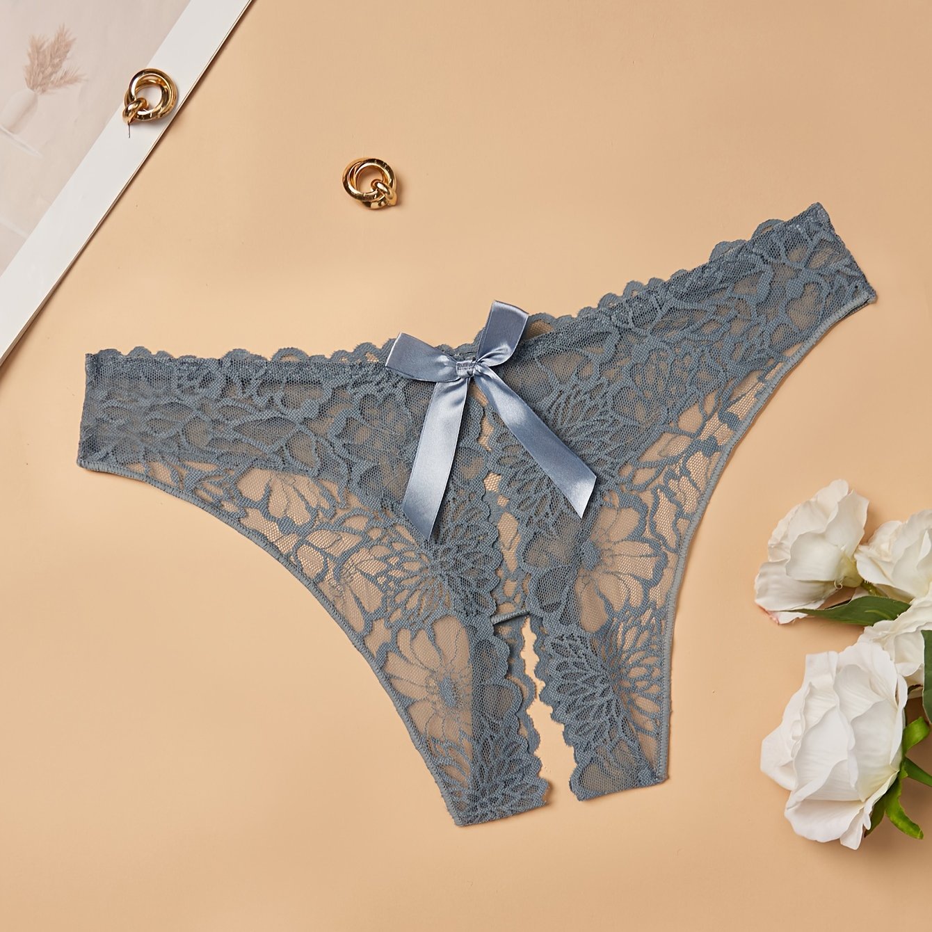 Plus Size Lace Thong Panties for Women with Back Bow Solid Nylon Medium Stretch Sexy Lingerie