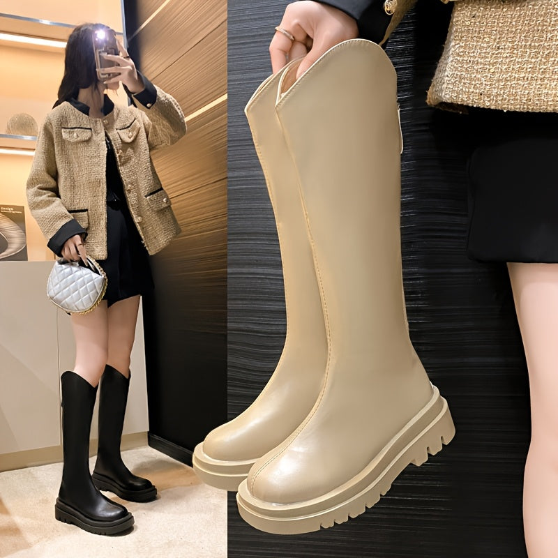 Women's Black Knee-High Mid-Heel Chunky Boots with Zipper