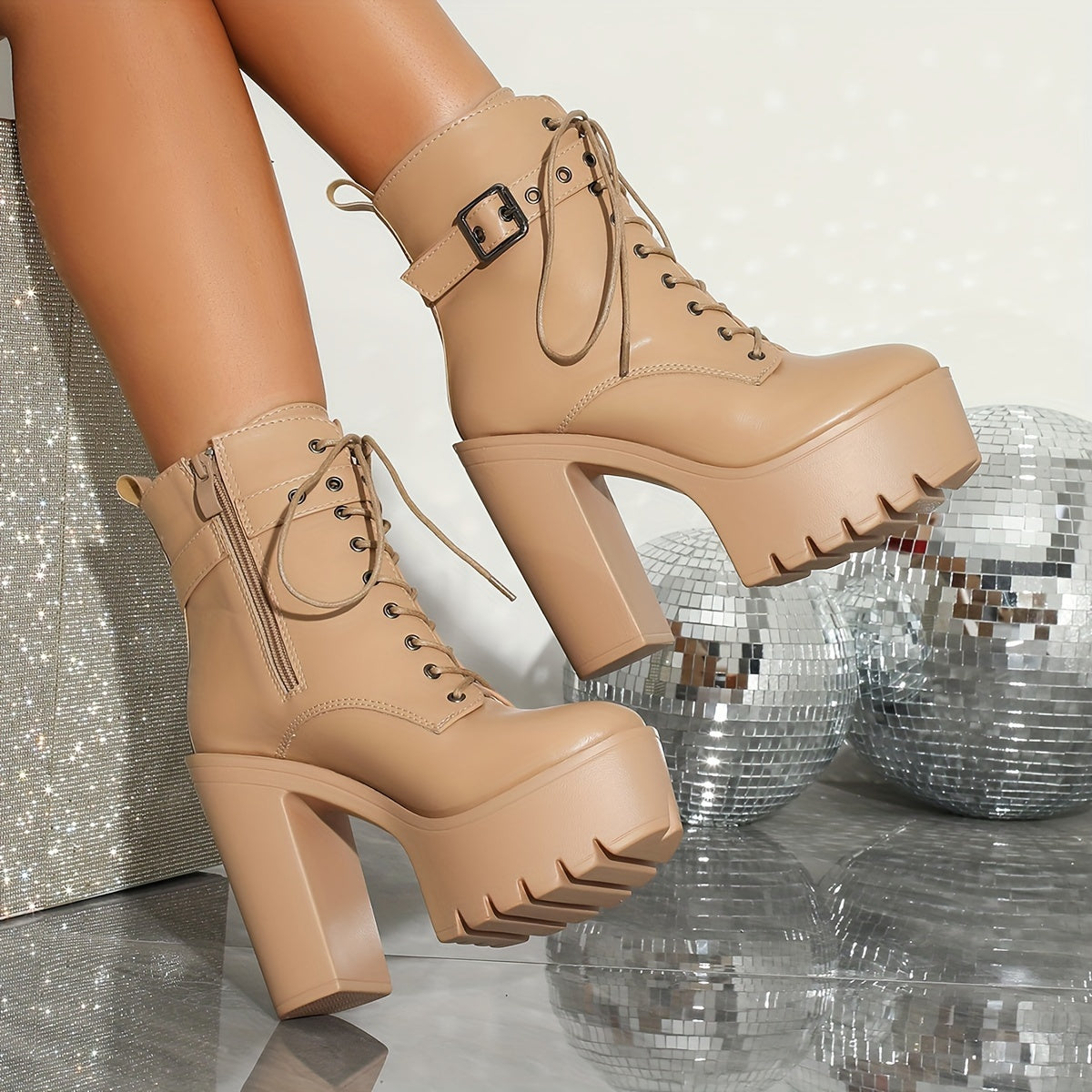 Women's Ankle Boots Round Toe Solid Color Fabric Lining Platform Heel