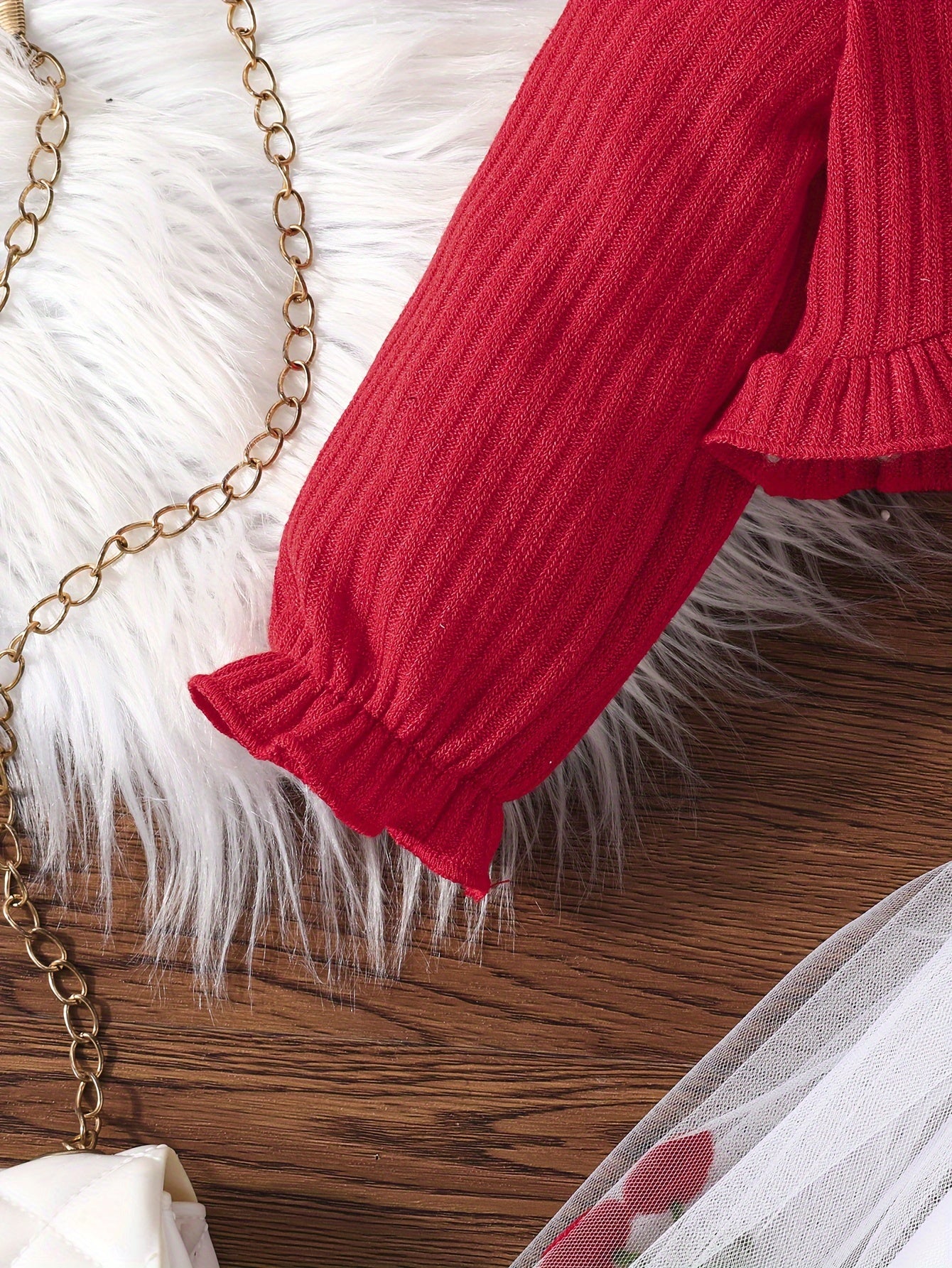 Girls' Dress Set with Ruffle Top and Cherry Embroidered Mesh Dress for Spring Fall