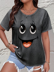 Plus Size Women's Smiling Face Graphic Casual Sports T-Shirt Breathable Stretchy Top