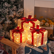 Set of 3 Christmas Lighted Gift Boxes with Warm White Lights and Red Bows for Outdoor Decorations