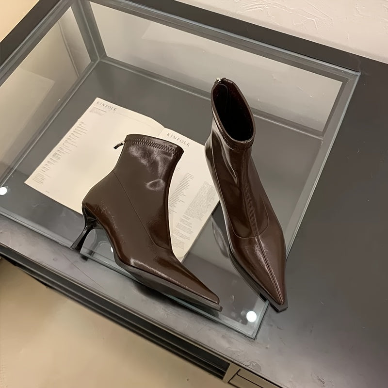 Women's Faux Leather Pointed Toe Stiletto Boots Brown Slim Fit Winter Footwear