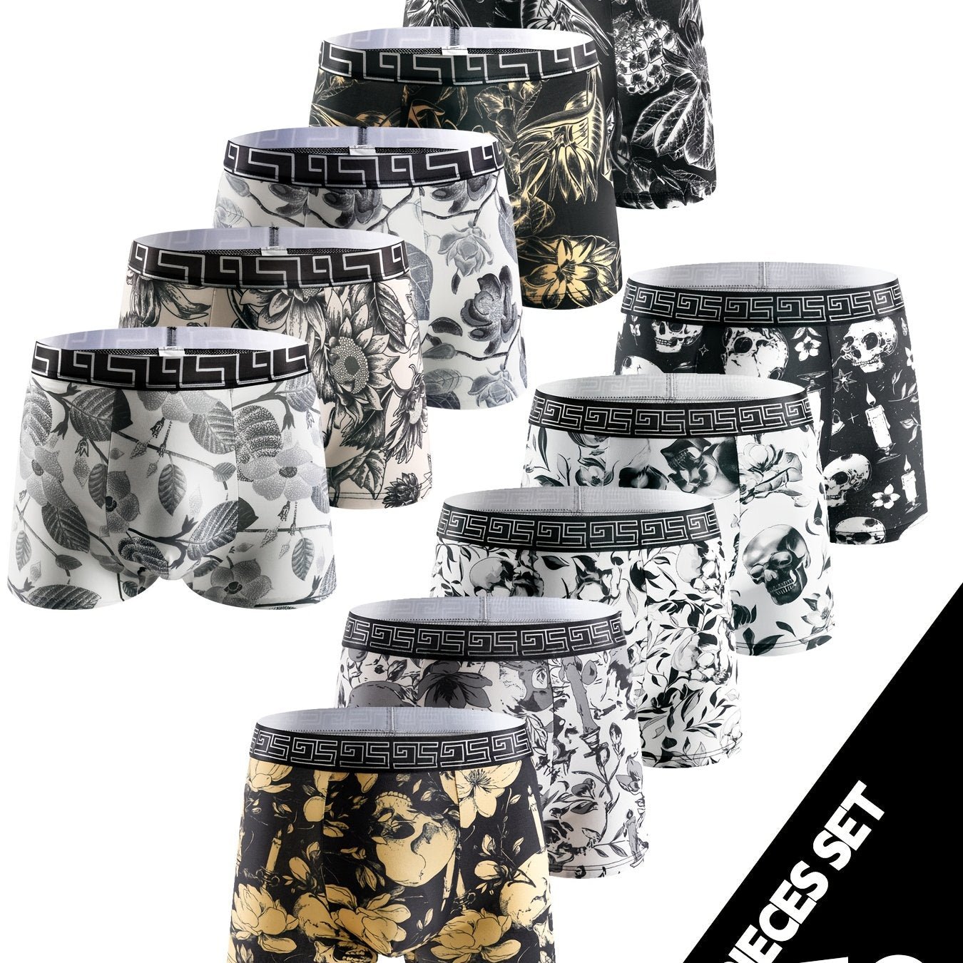 Set of 10 Geometric Pattern Boxer Briefs for Men Polyester Elastane Medium Stretch