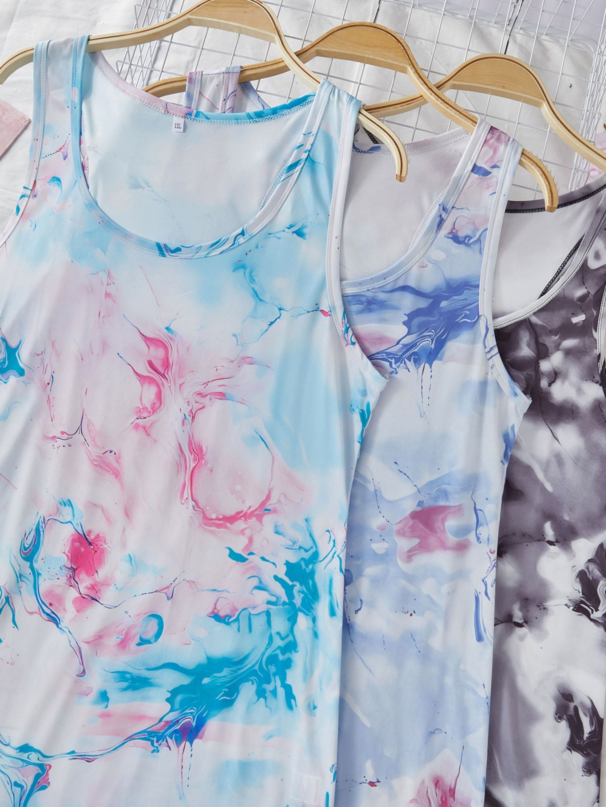 Plus Size Women's Bohemian Tie-Dye Tank Dress with Sun and Moon Floral Print